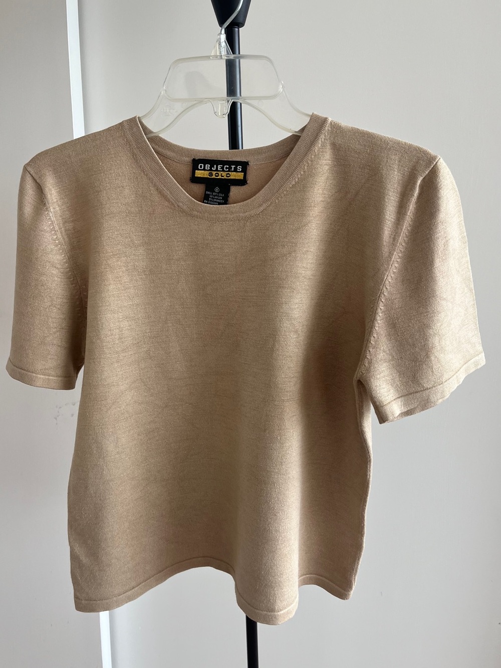 Objects Gold Brand Silk Knit Crew Neck Blouse Career Top Beige Mustard Small Med